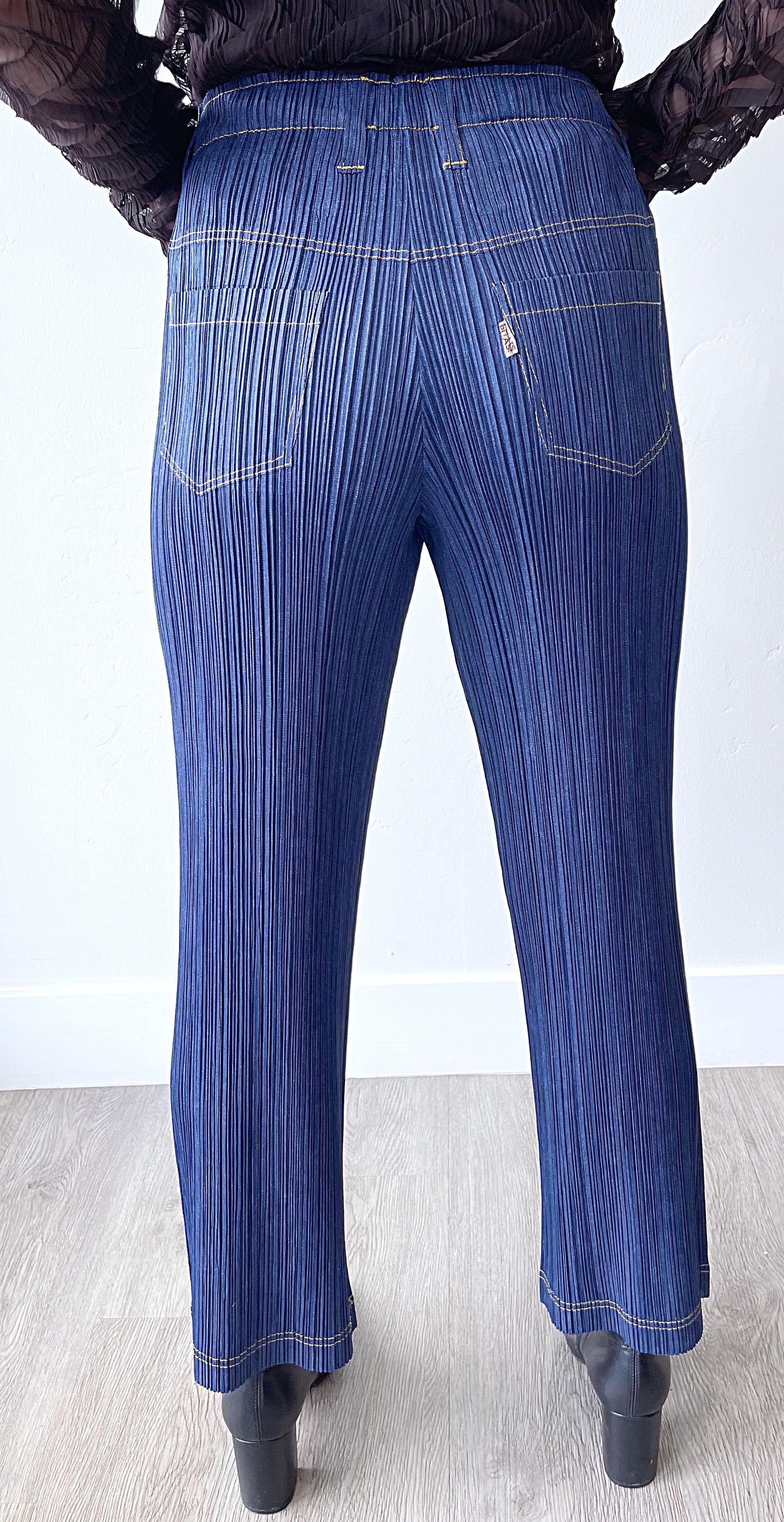 1990s Issey Miyake Pleats Please Trompe L’oeil Denim Blue Jeans Vintage Pants For Sale 4