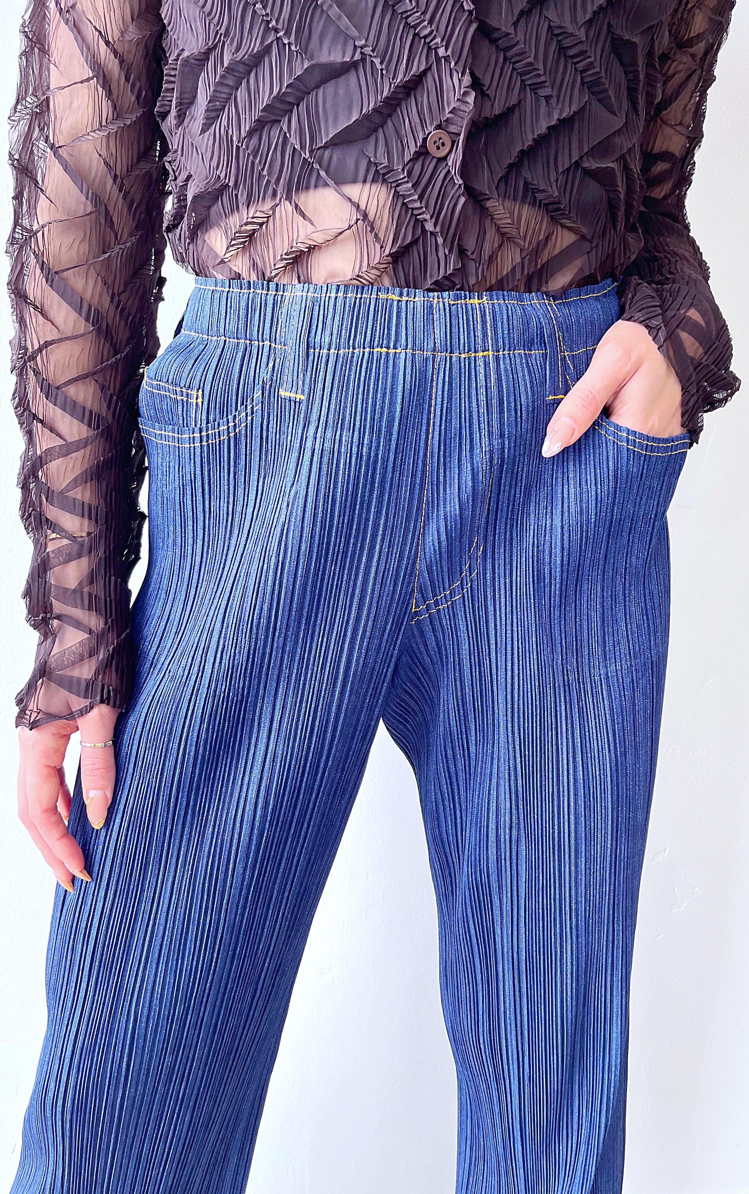 1990s Issey Miyake Pleats Please Trompe L’oeil Denim Blue Jeans Vintage Pants For Sale 5