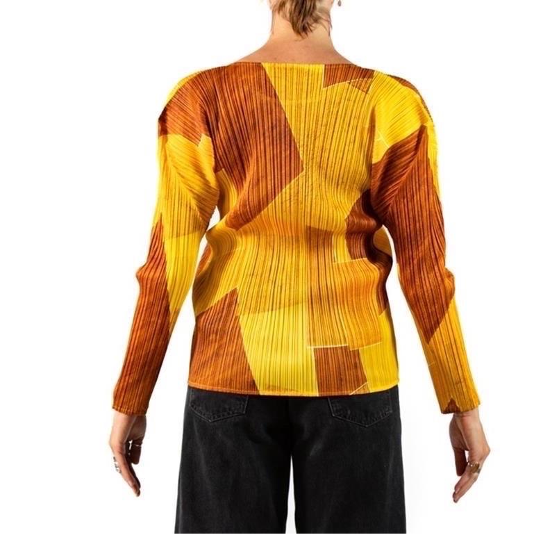 1990S ISSEY MIYAKE Pleats Please Top in poliestere geometrico giallo in vendita 2