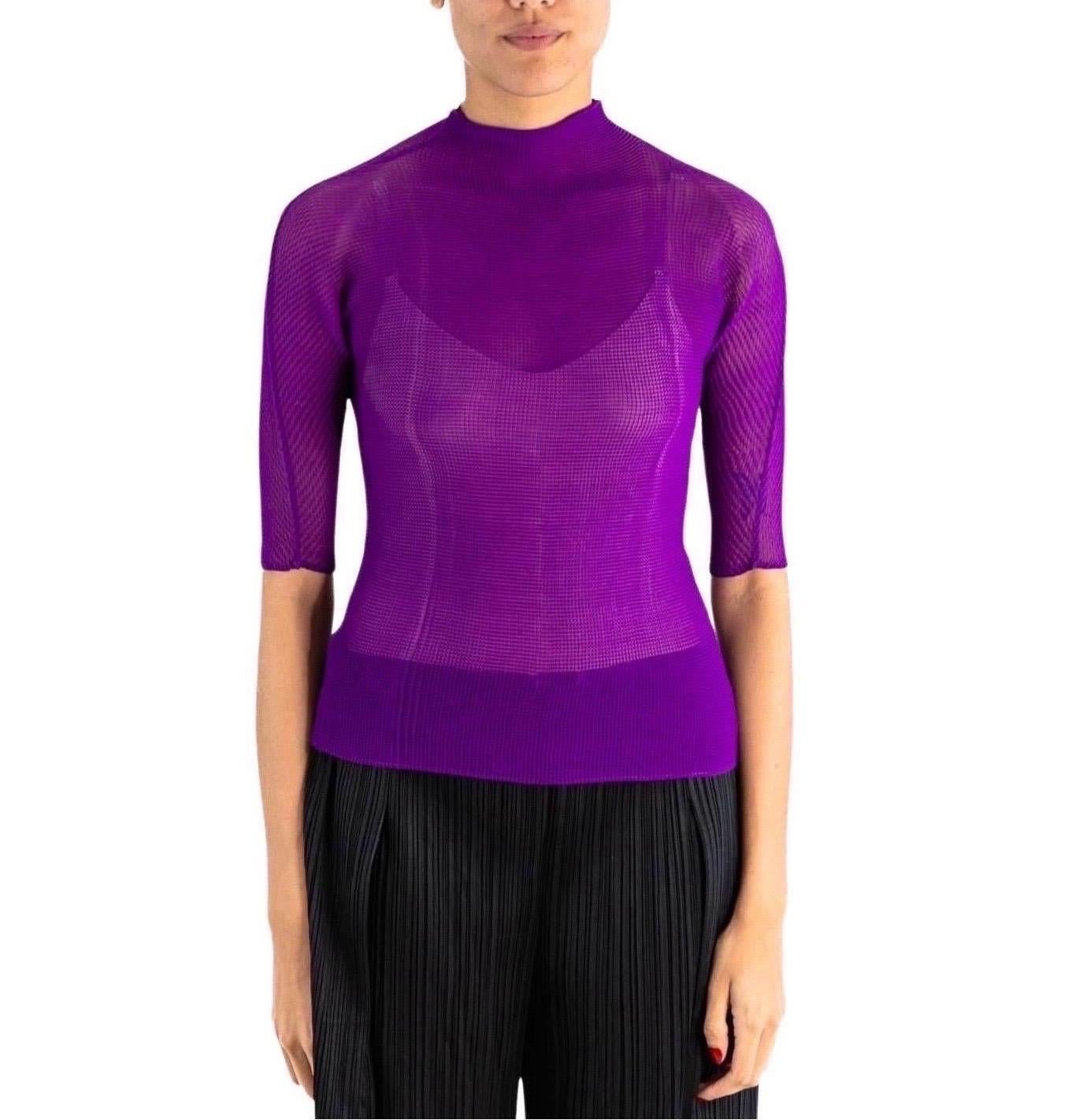 1990S ISSEY MIYAKE Purple Sheer Polyester Chiffon Double Pleated Top For Sale