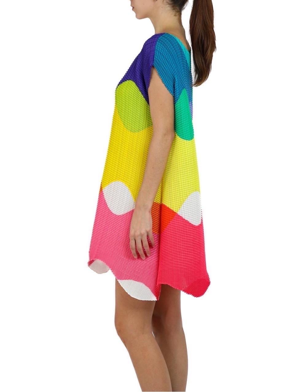 1990S Issey Miyake Purple, Yellow & Pink Geometric Wave Pattern Dress In Excellent Condition For Sale In New York, NY