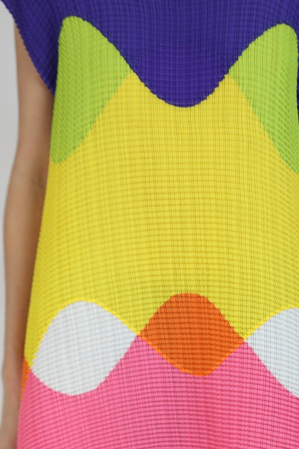 1990S Issey Miyake Purple, Yellow & Pink Geometric Wave Pattern Dress For Sale 6