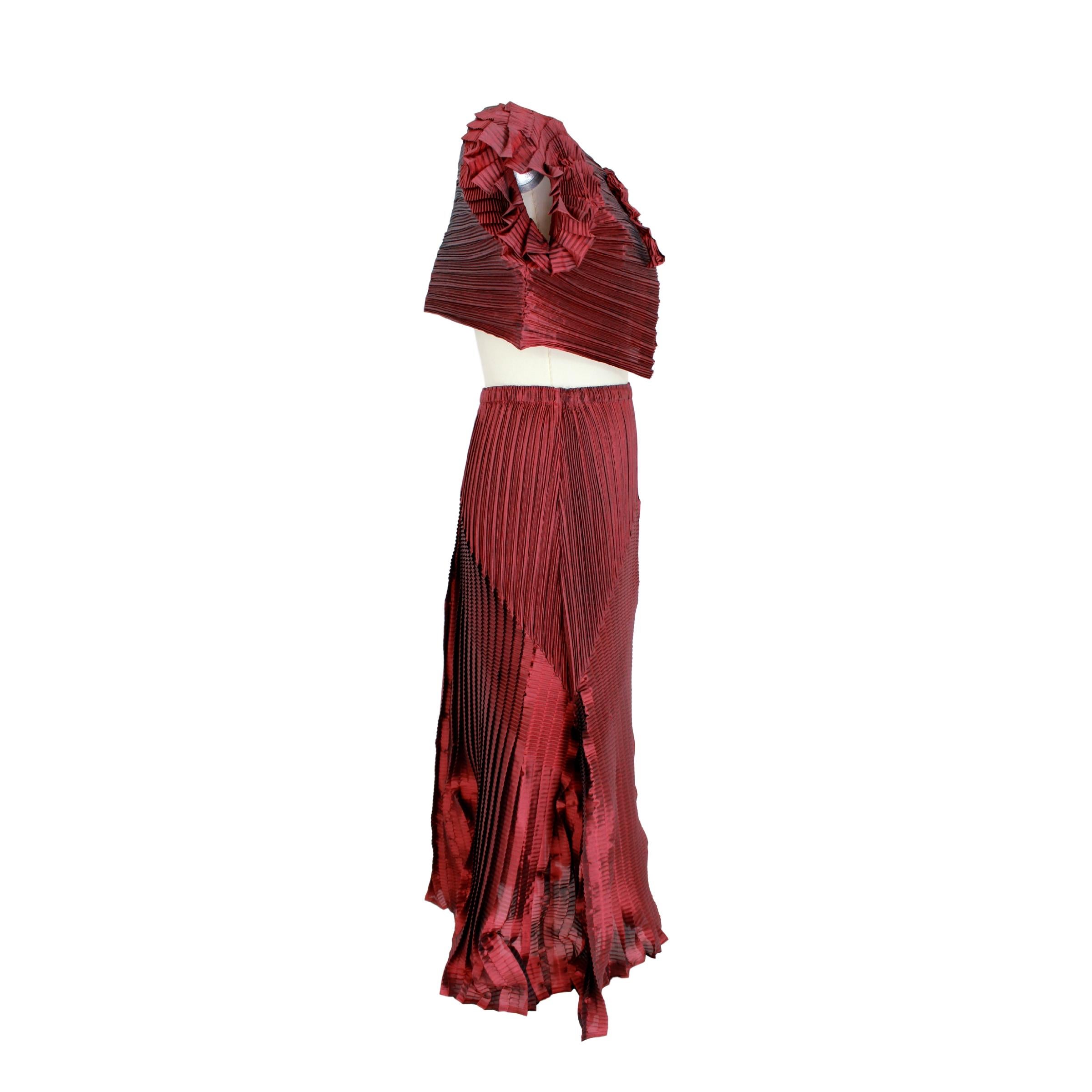 Brown 1990s Issey Miyake Red Purple Pleated Set Dress Maxi Skirt Suit