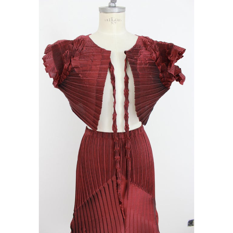 2000s Issey Miyake Iridescent Red Pleated Skirt with Asymmetric Hem