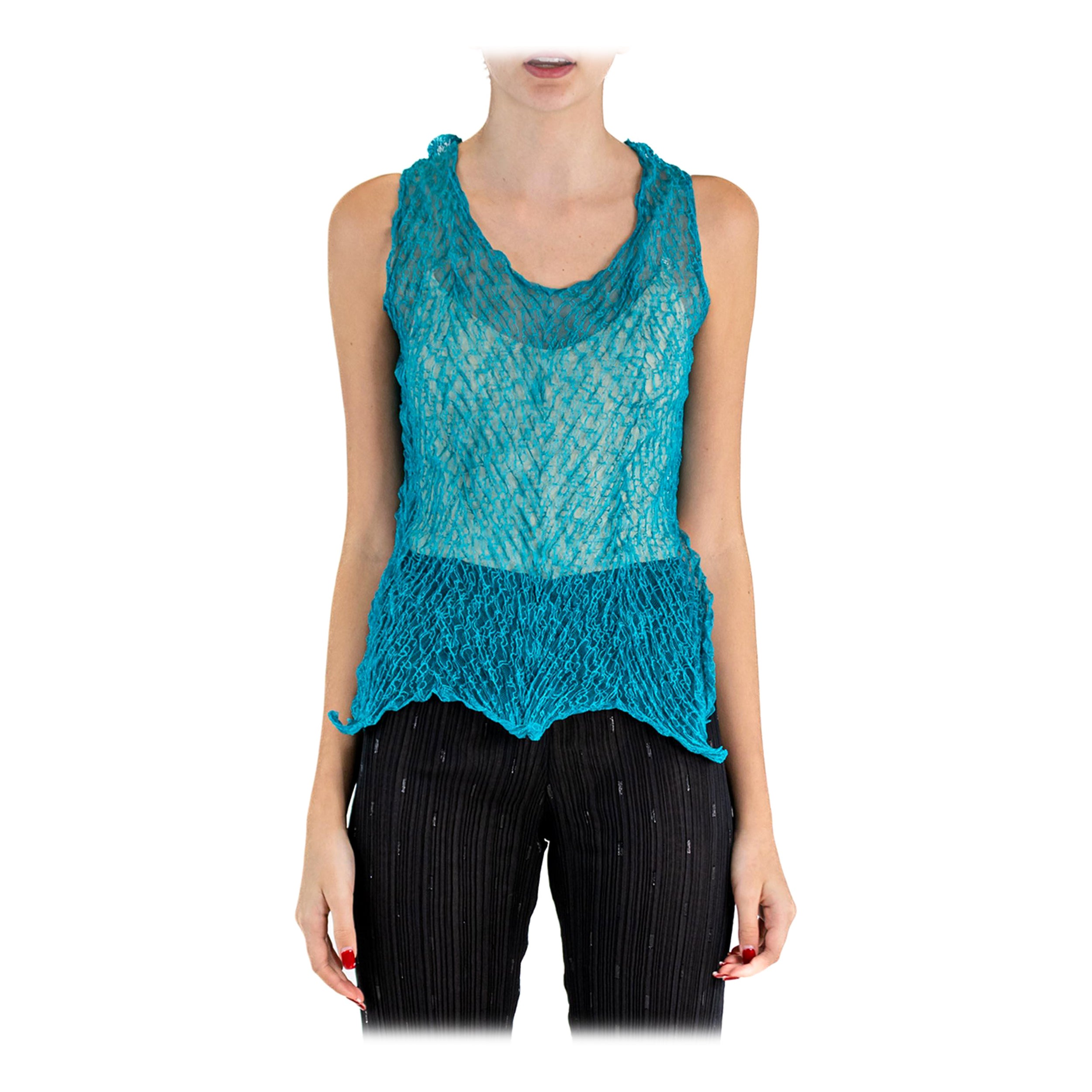 1990S ISSEY MIYAKE Teal Sheer Polyester Lace Crinkle Tank Top