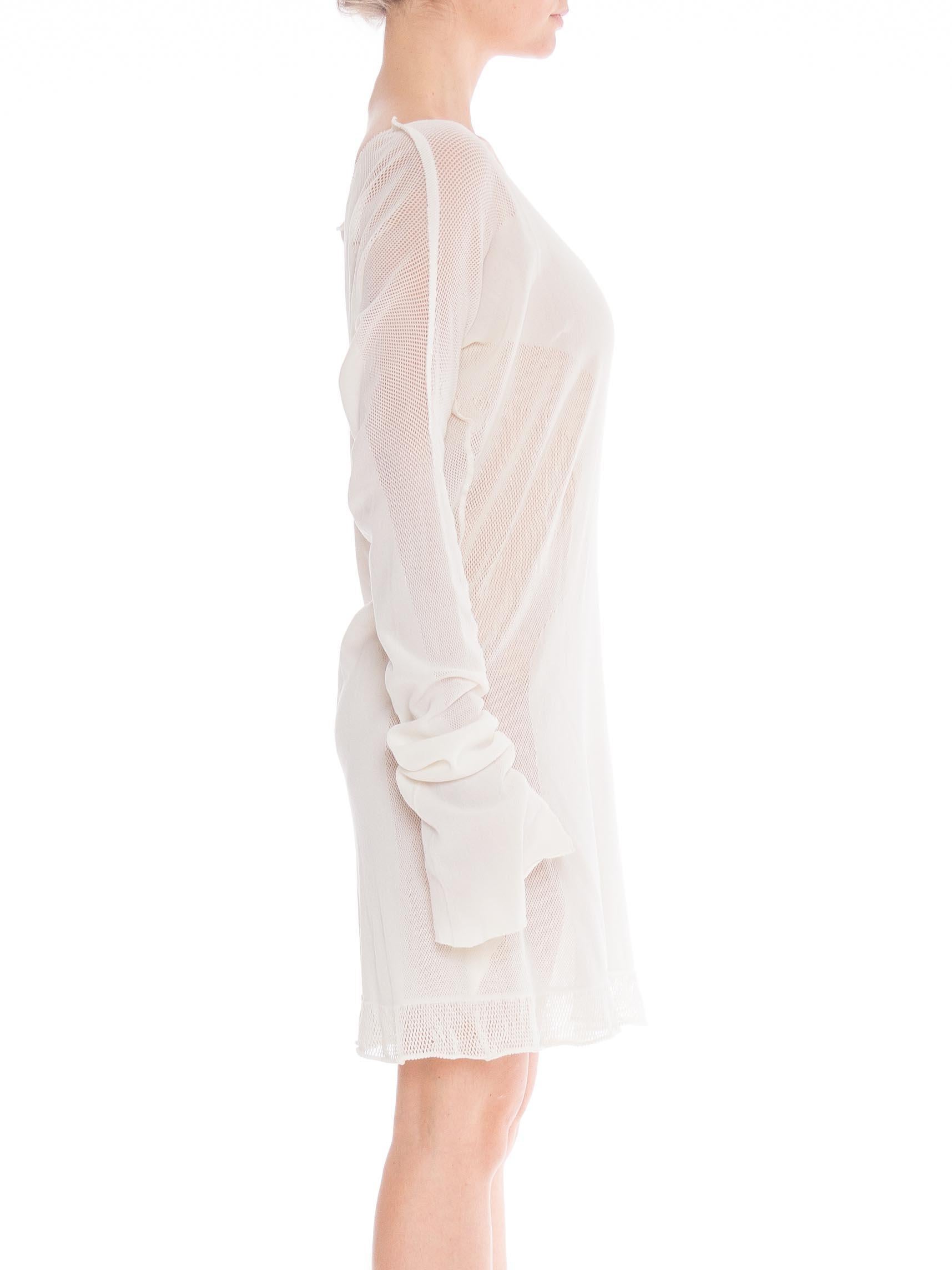 1990S  ISSEY MIYAKE White Cotton Engineered Mesh Circular Knit Dress With Pocke For Sale 1