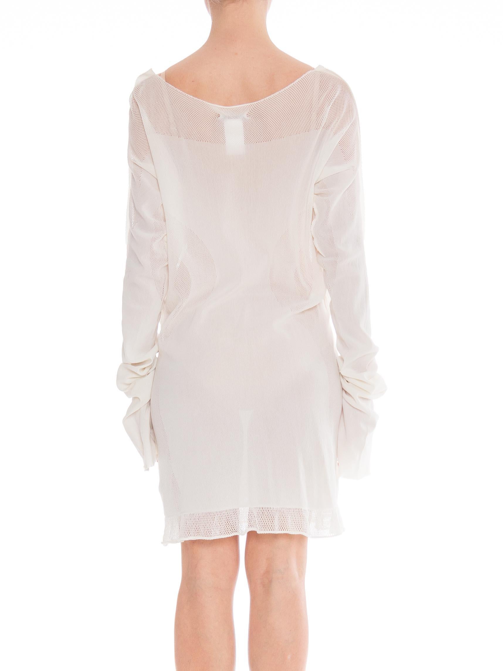 1990S  ISSEY MIYAKE White Cotton Engineered Mesh Circular Knit Dress With Pocke For Sale 4