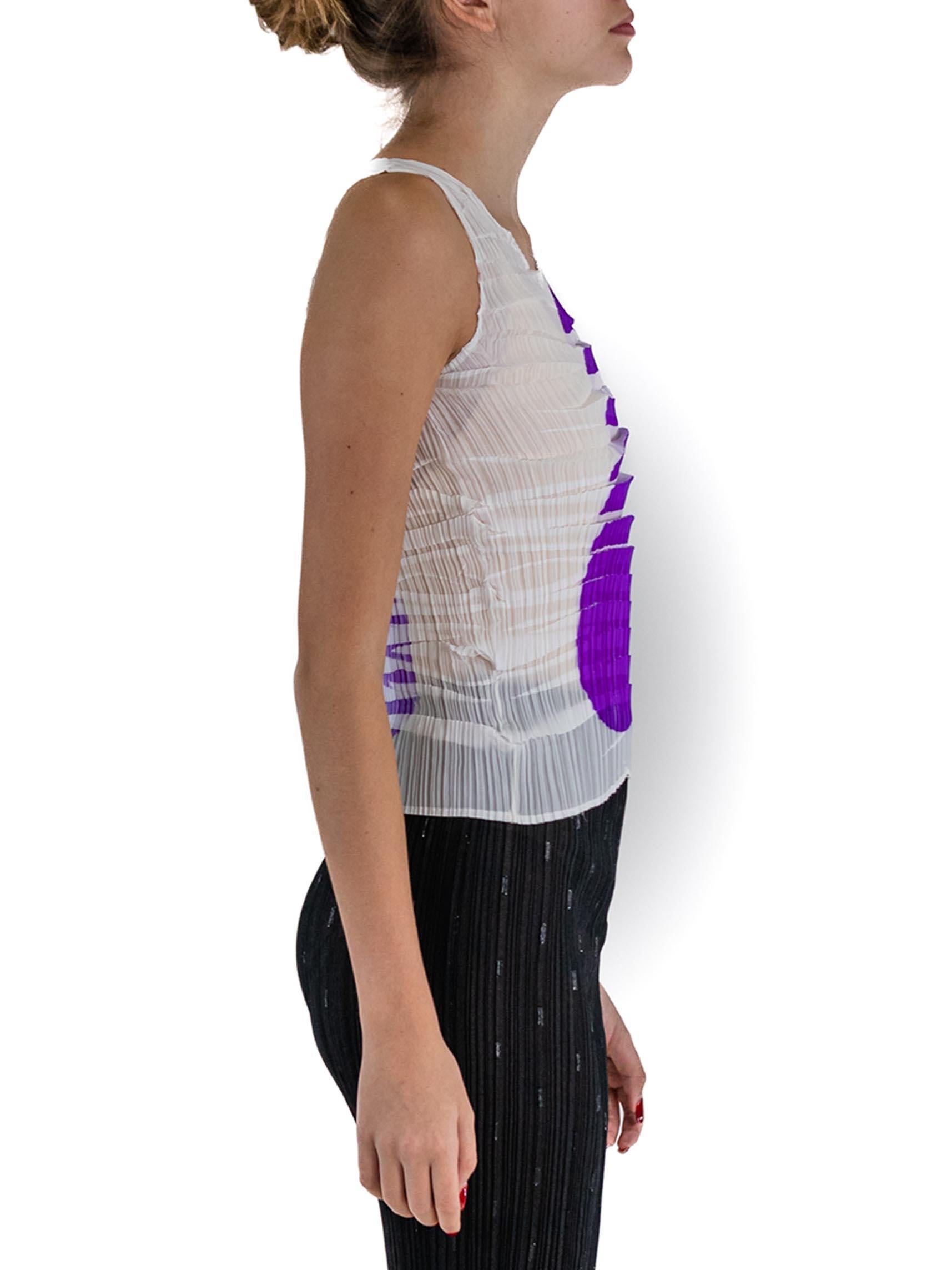 Women's 1990S ISSEY MIYAKE White Pleated Polyester Top With Printed Purple Shape For Sale