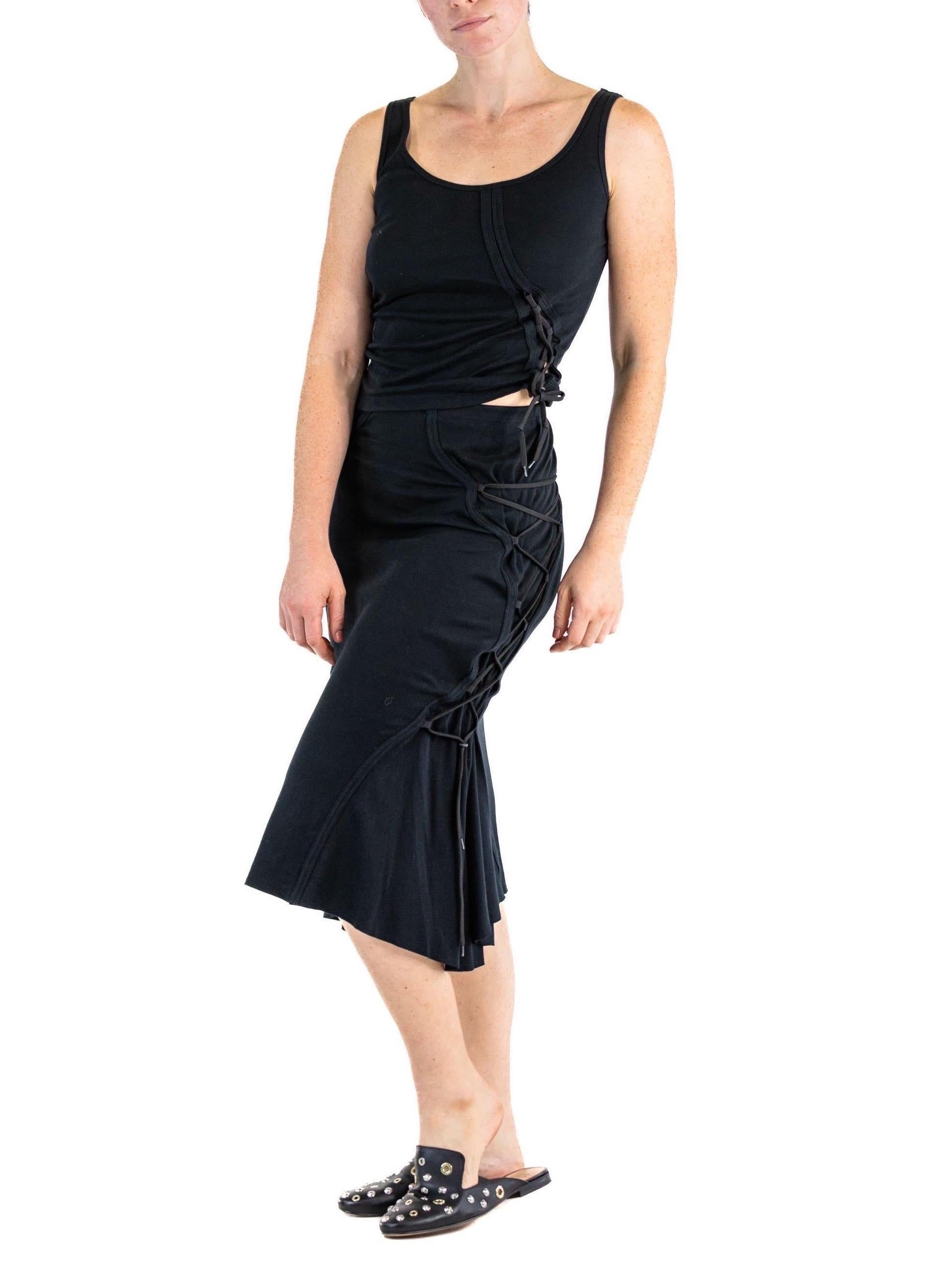1990S ISSEY MIYAKES Black Cotton Blend Stretch Top & Skirt Ensemble With Lace U For Sale 1