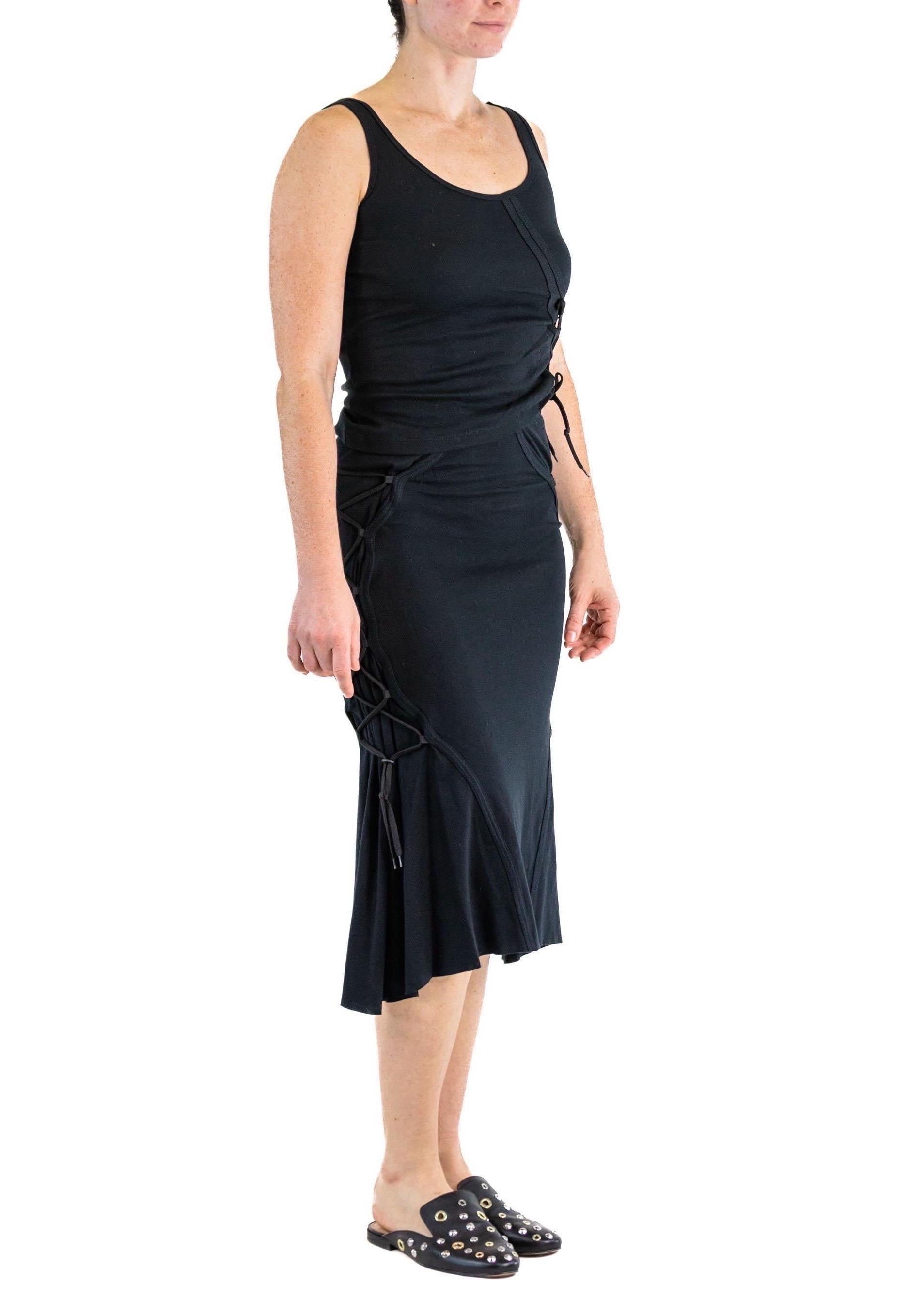 1990S ISSEY MIYAKES Black Cotton Blend Stretch Top & Skirt Ensemble With Lace U For Sale 2