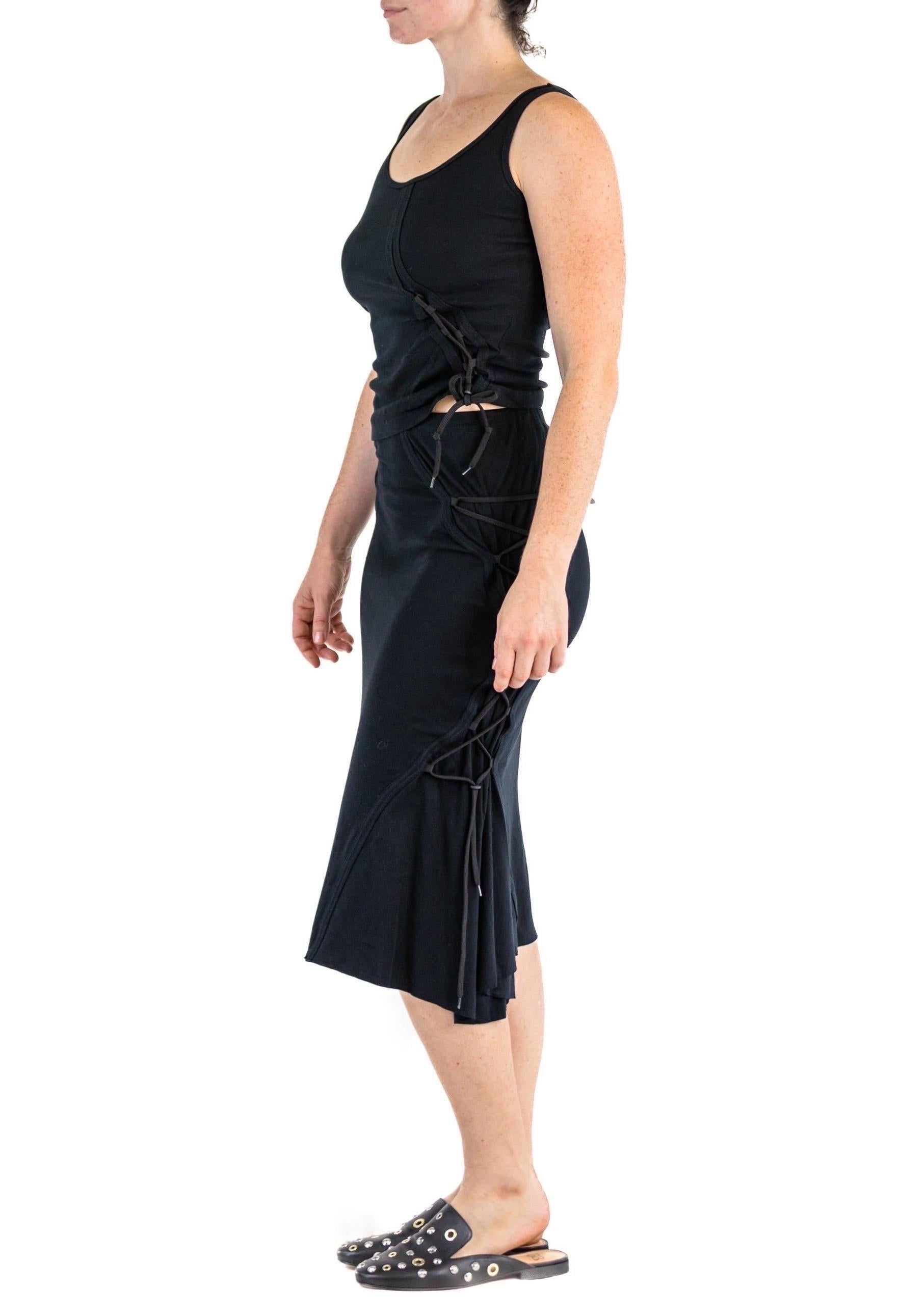 1990S ISSEY MIYAKES Black Cotton Blend Stretch Top & Skirt Ensemble With Lace U For Sale 4