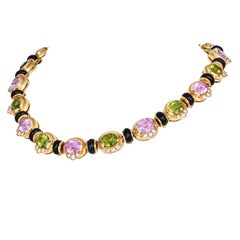 1990s Italian 18K Gold Kunzite Peridot Diamond Choker Necklace