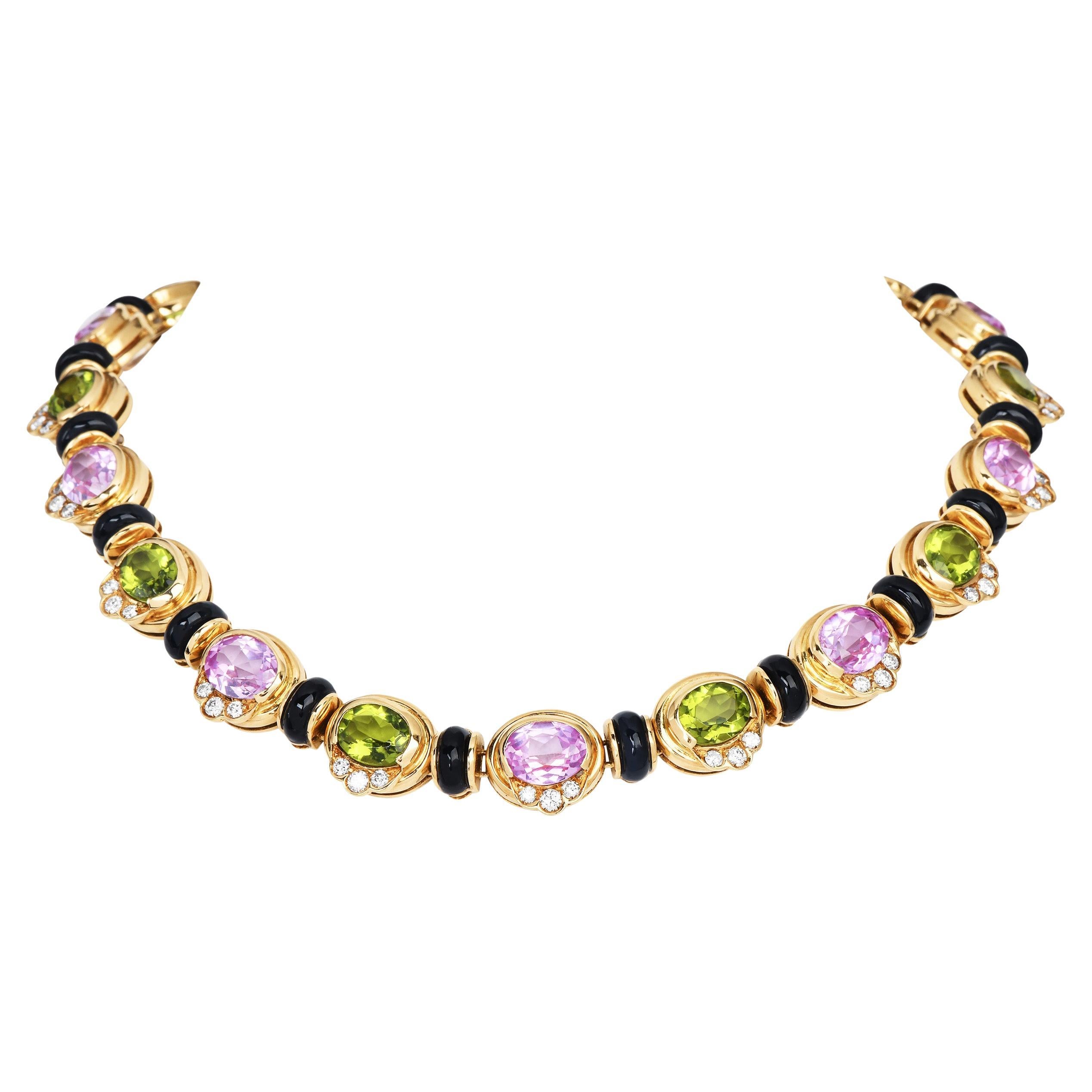 1990s Italian 18K Gold Kunzite Peridot Diamond Choker Necklace