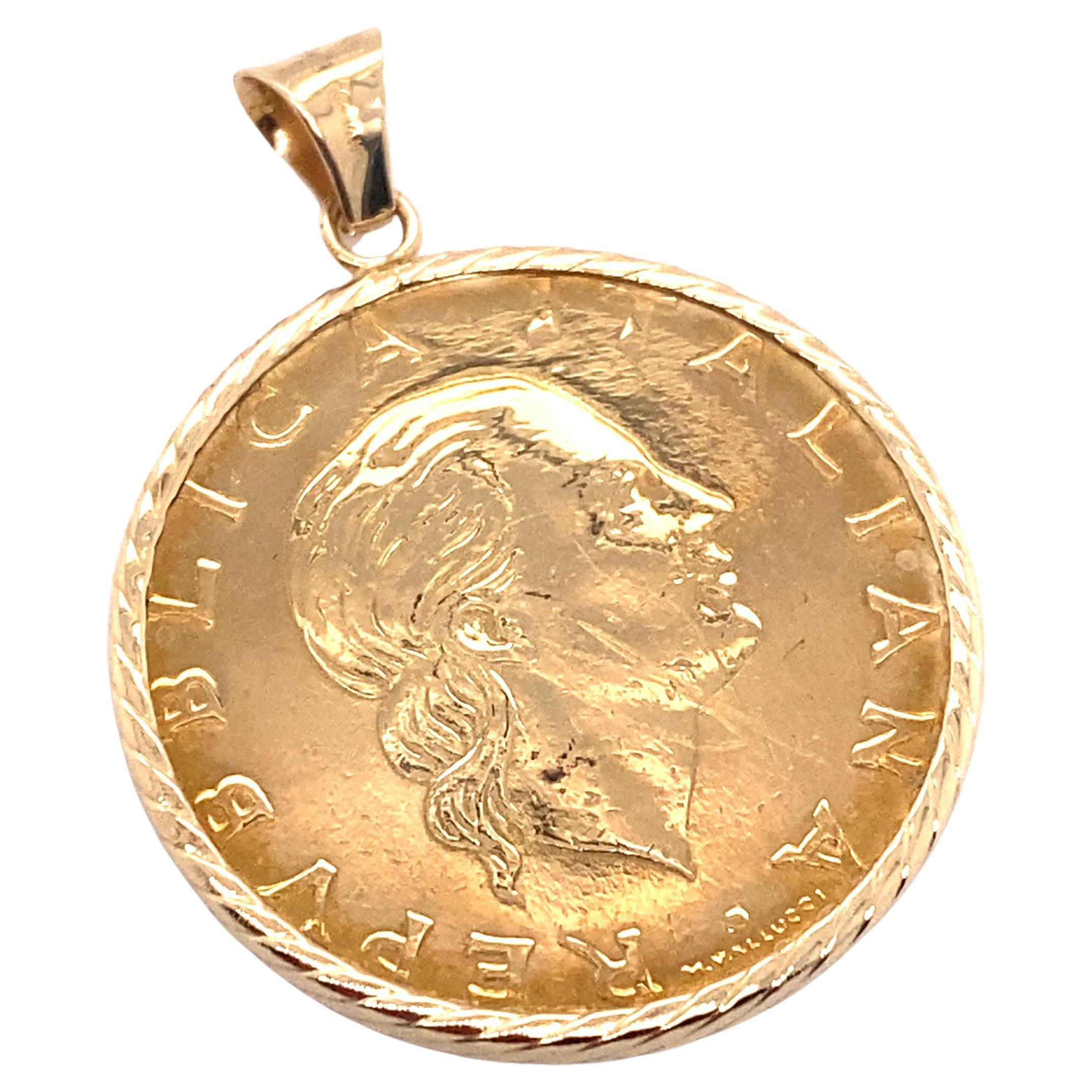 1990s Italian 200 Lira Gold Coin Pendant in 14 Karat Gold