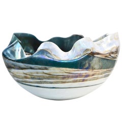 1990s Italian Blue and Mother-of-Pearl White Murano Glass Iridescent Shell Bowl