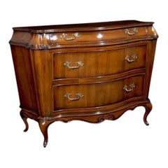 1990s Italian Bombé Hand-Carved Wood Chest with Three Drawers and Brass Hardware