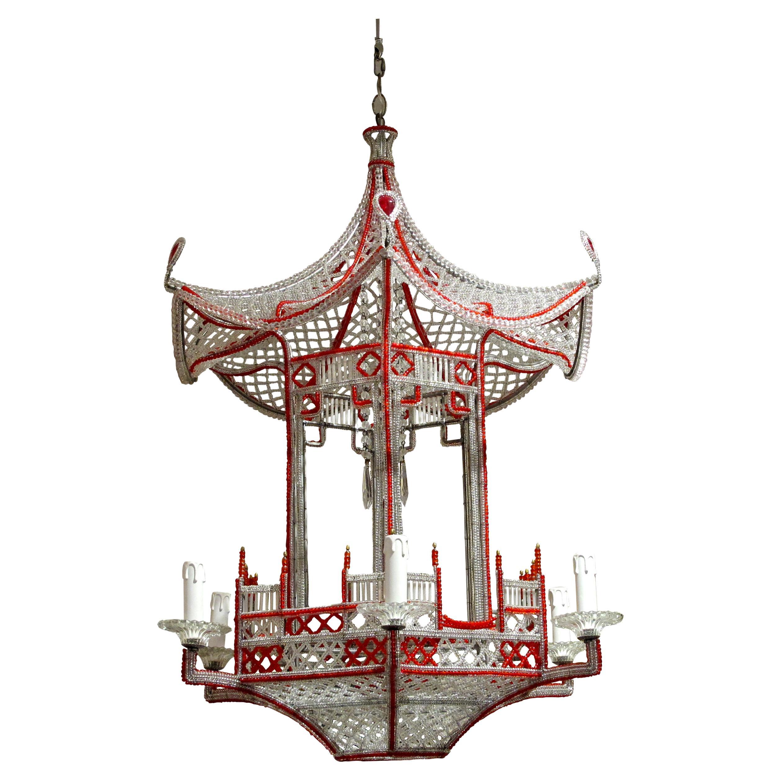 1990s Italian Custom-Made Hexagonal Beaded Pagoda Chandelier Venetian Style