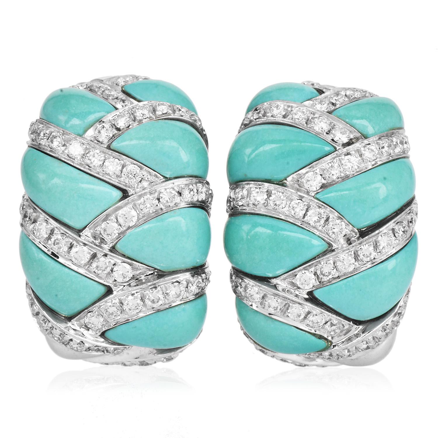 1990s Italian Diamond Turquoise 18K White Gold Braided  Earrings