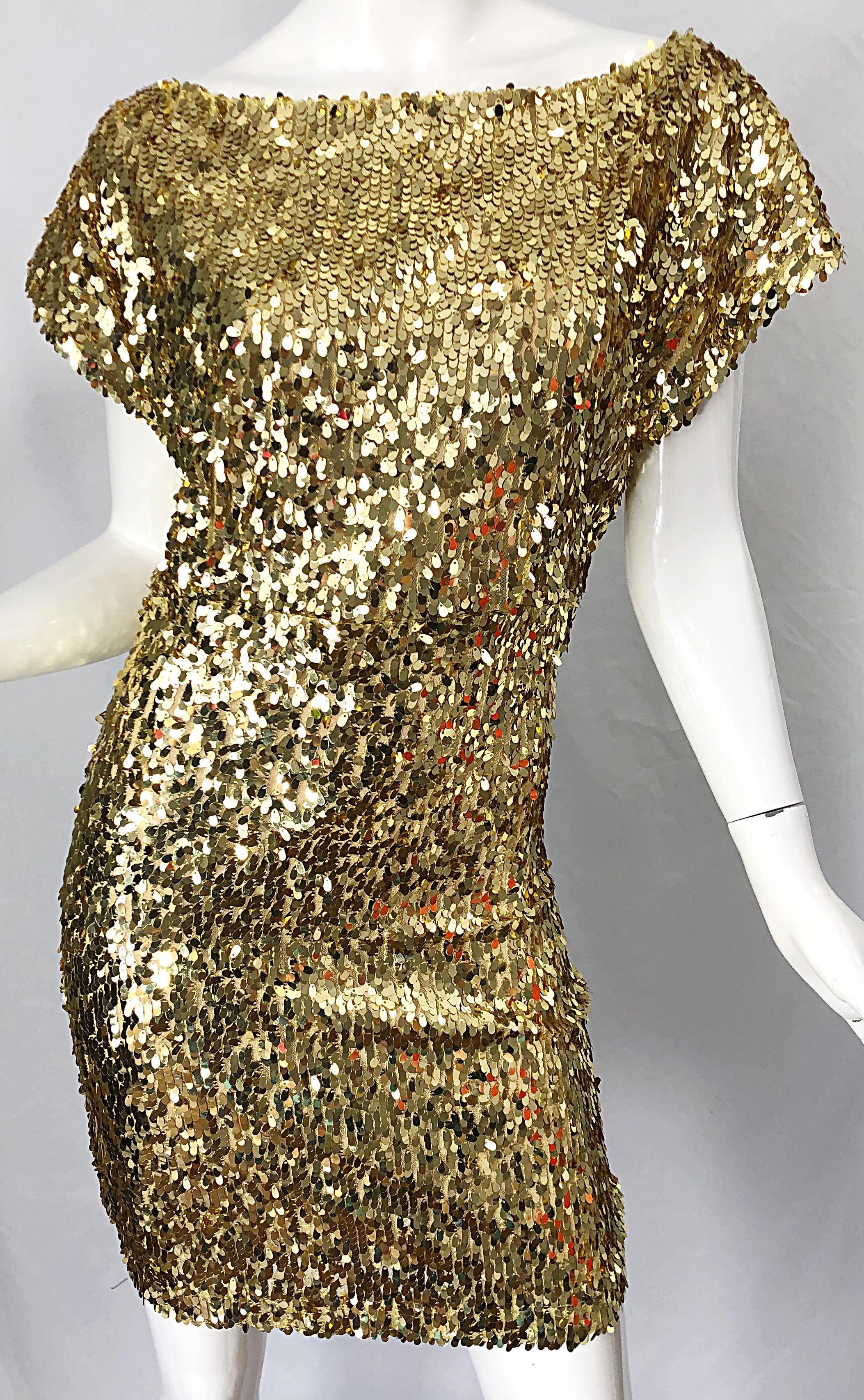 1990s Italian Gold Sequined Off the Shoulder Sexy Vintage 90s Dress For Sale 4