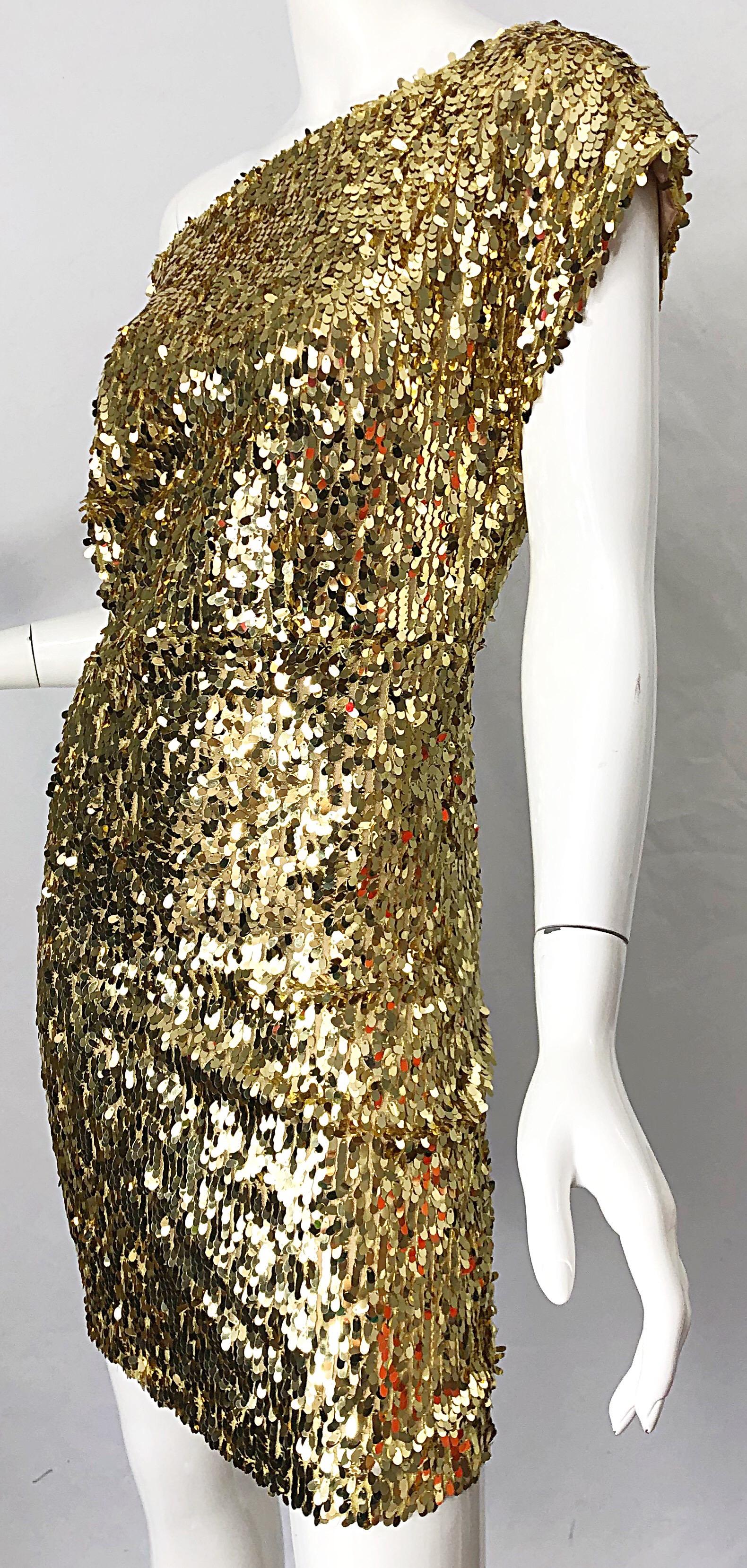 1990s Italian Gold Sequined Off the Shoulder Sexy Vintage 90s Dress For Sale 5