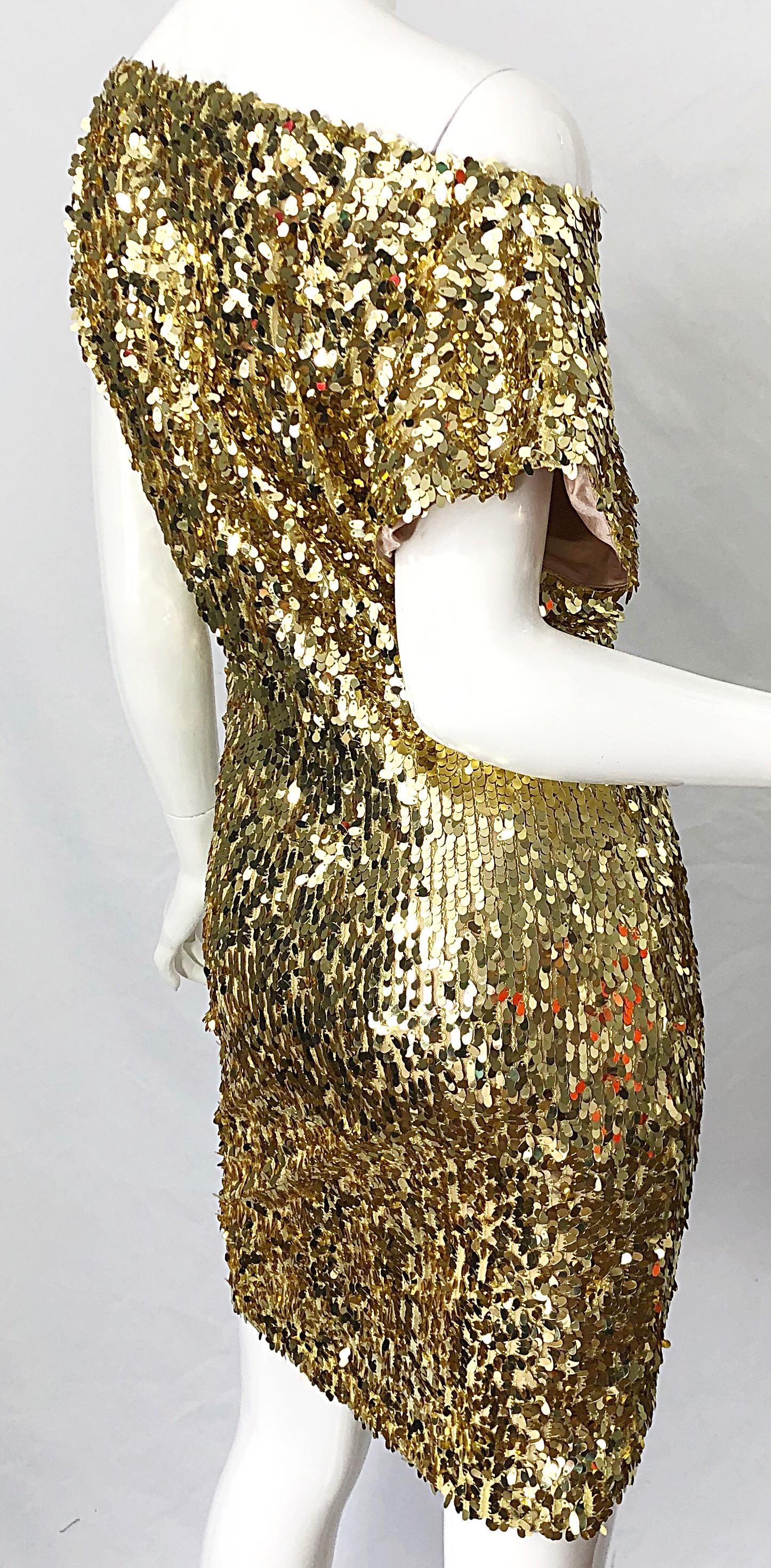1990s Italian Gold Sequined Off the Shoulder Sexy Vintage 90s Dress For Sale 6