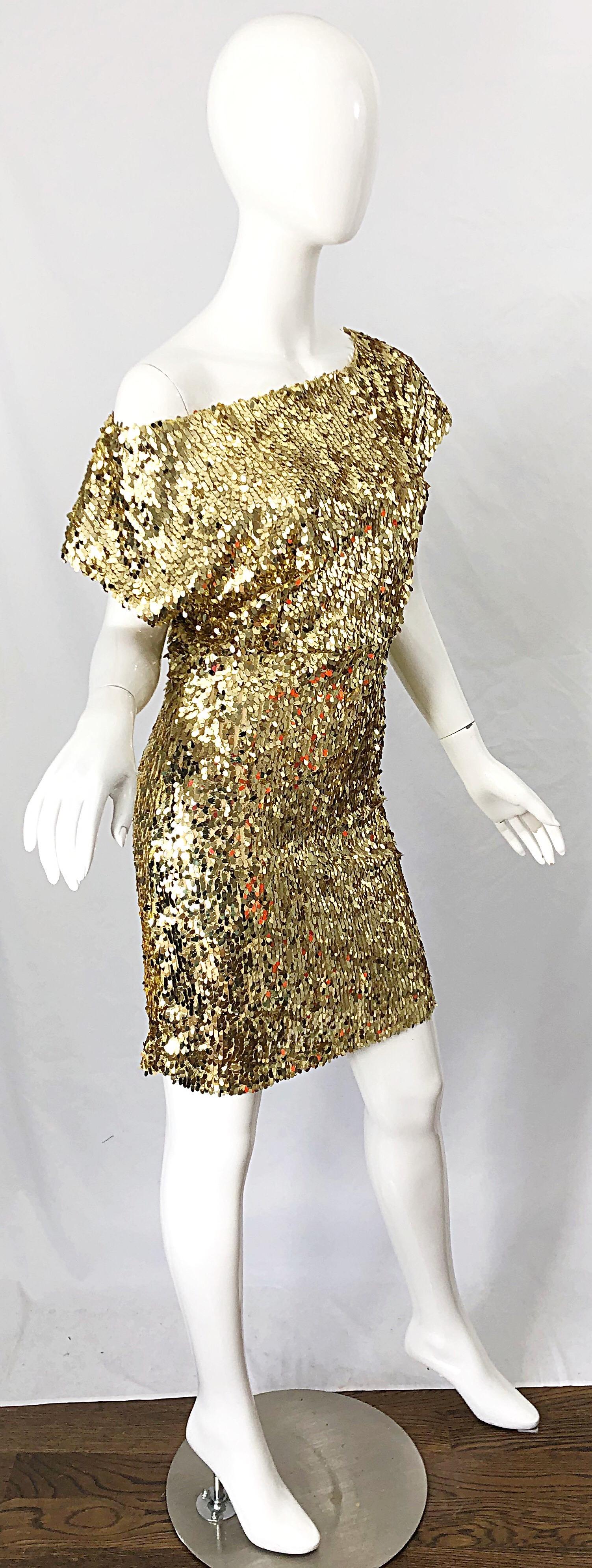 1990s Italian Gold Sequined Off the Shoulder Sexy Vintage 90s Dress For Sale 7