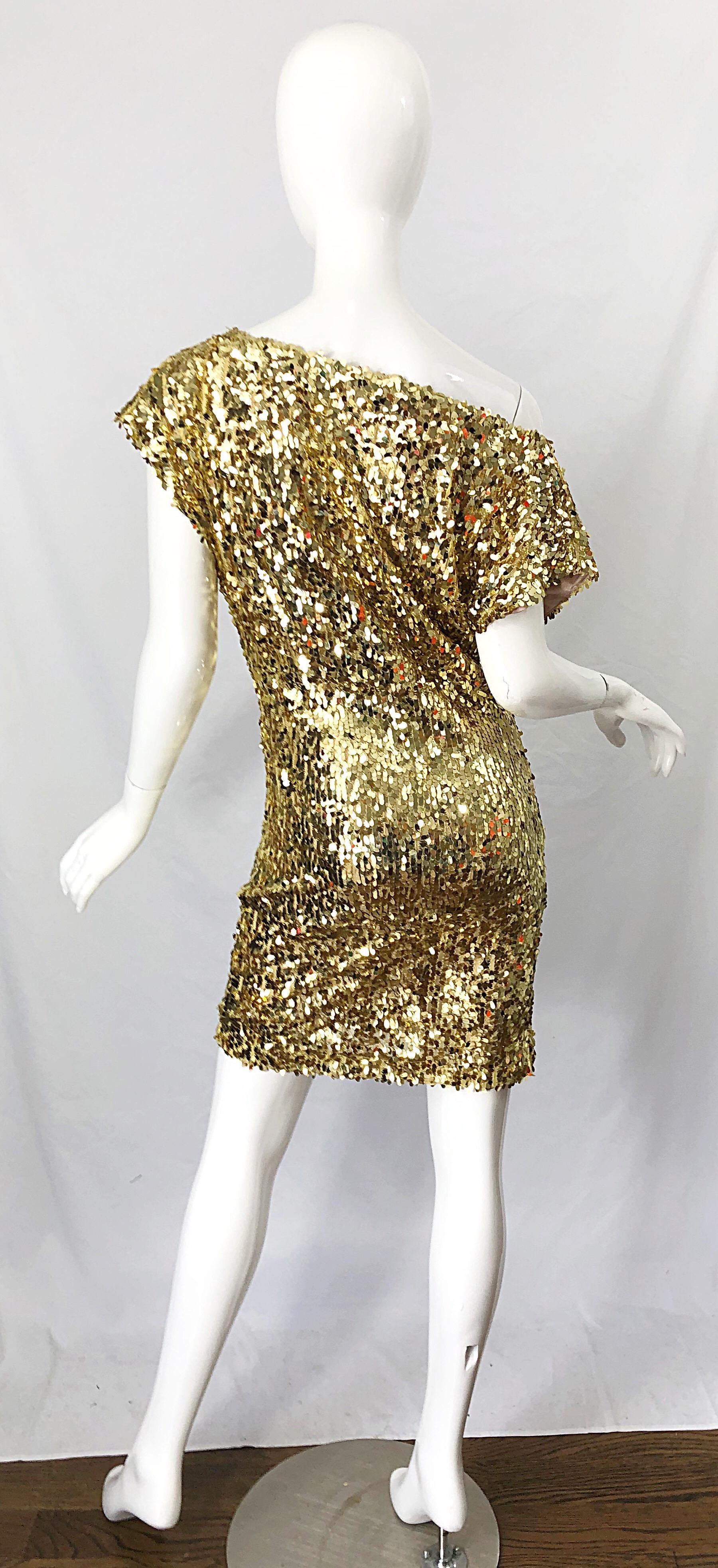 1990s Italian Gold Sequined Off the Shoulder Sexy Vintage 90s Dress For Sale 8
