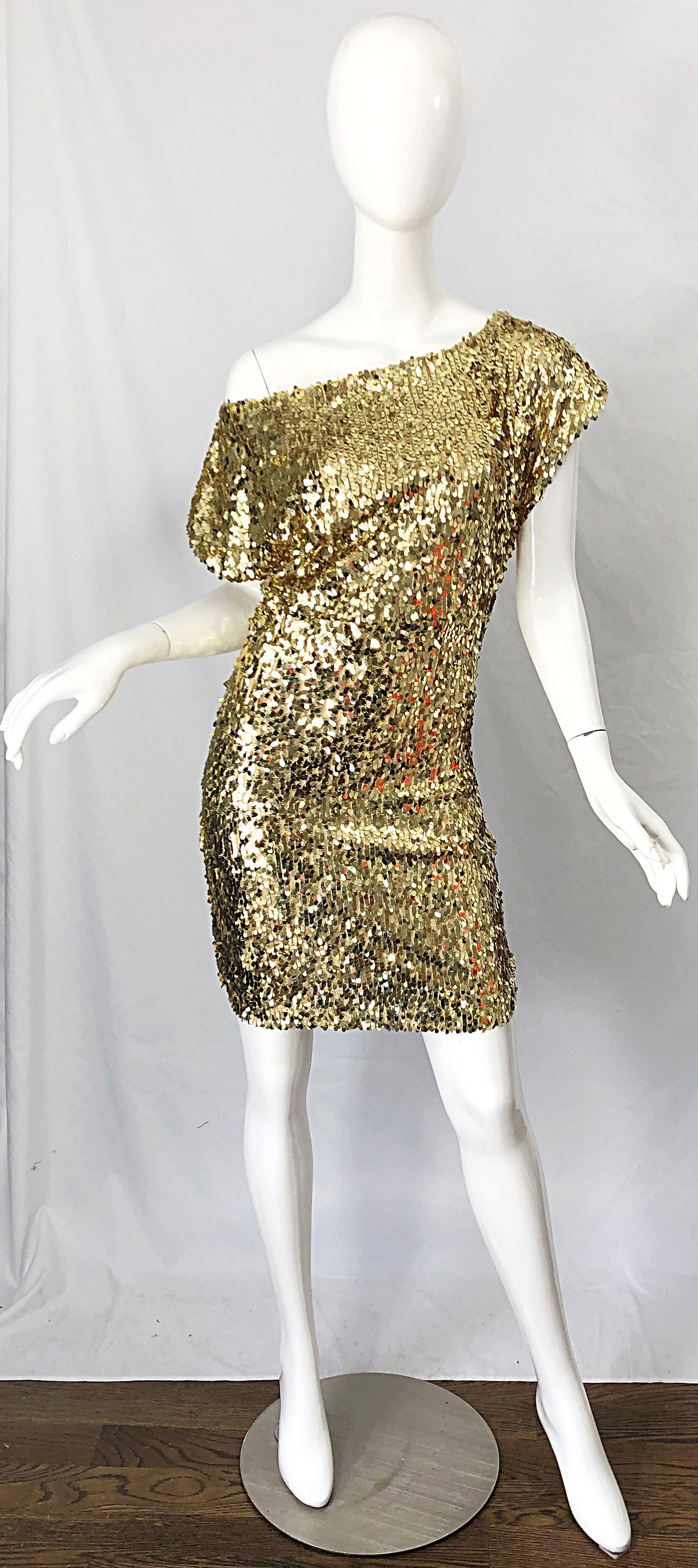 1990s Italian Gold Sequined Off the Shoulder Sexy Vintage 90s Dress For Sale 9
