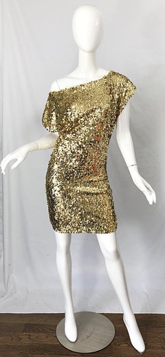 1990s Italian Gold Sequined Off the Shoulder Sexy Vintage 90s Dress