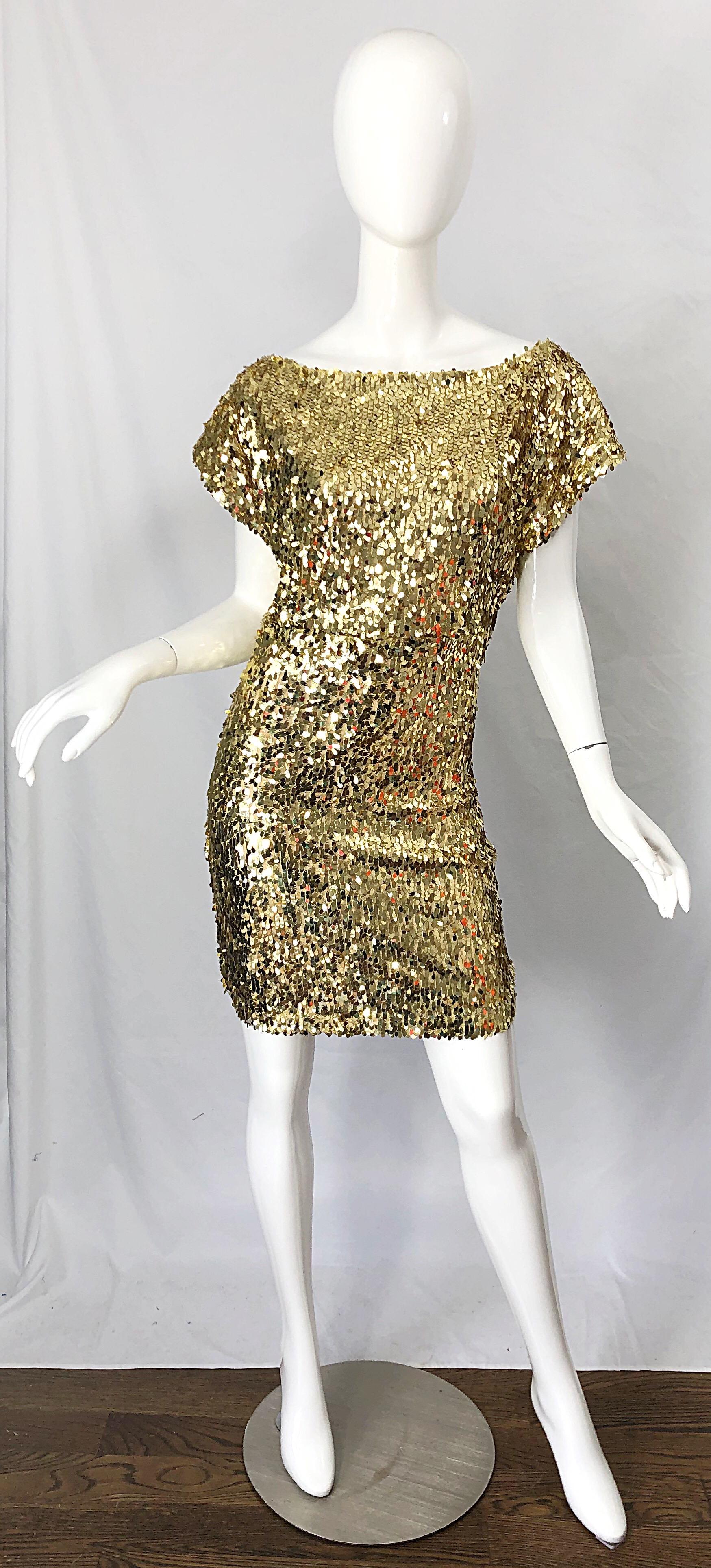 Women's 1990s Italian Gold Sequined Off the Shoulder Sexy Vintage 90s Dress For Sale