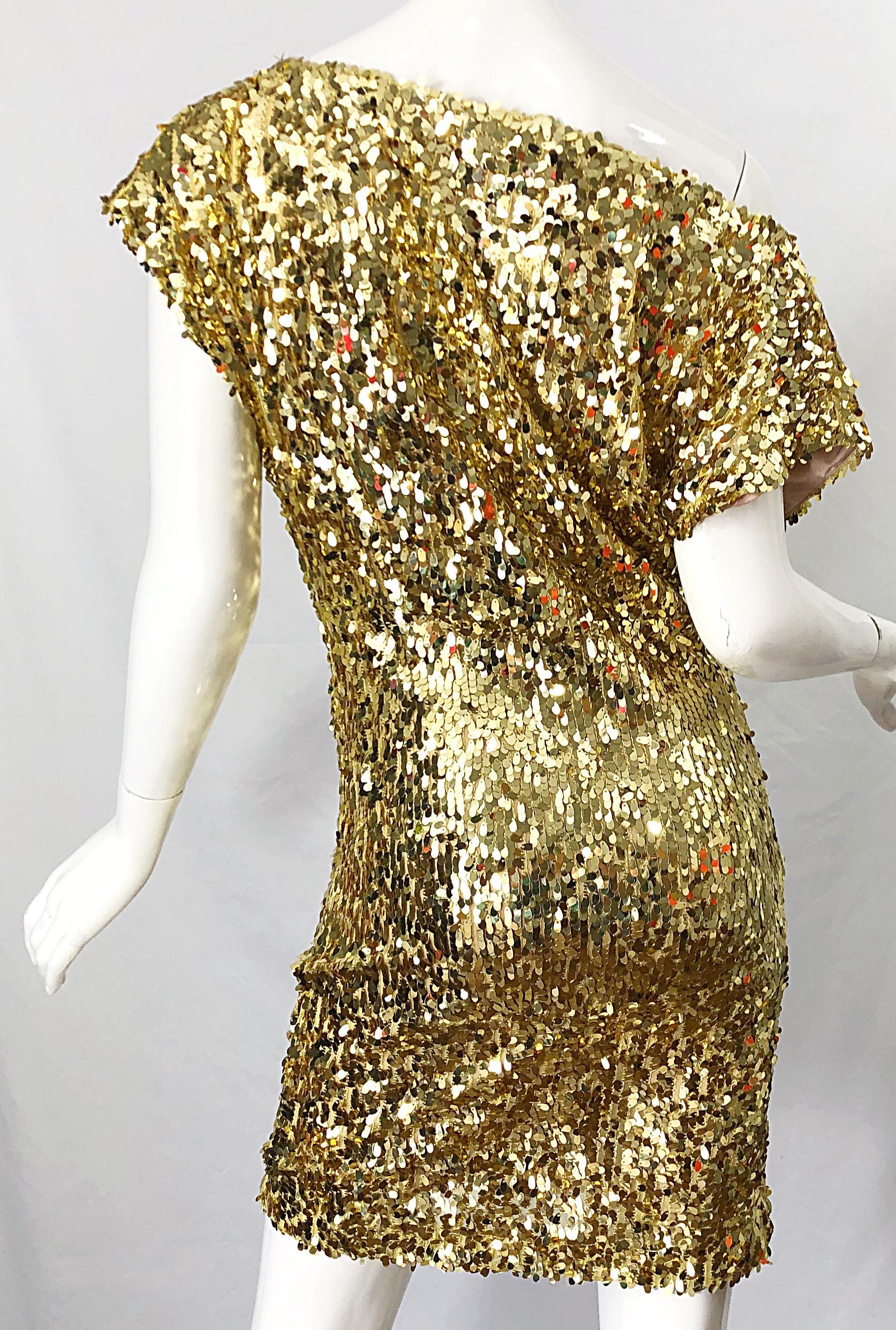 1990s Italian Gold Sequined Off the Shoulder Sexy Vintage 90s Dress For Sale 1