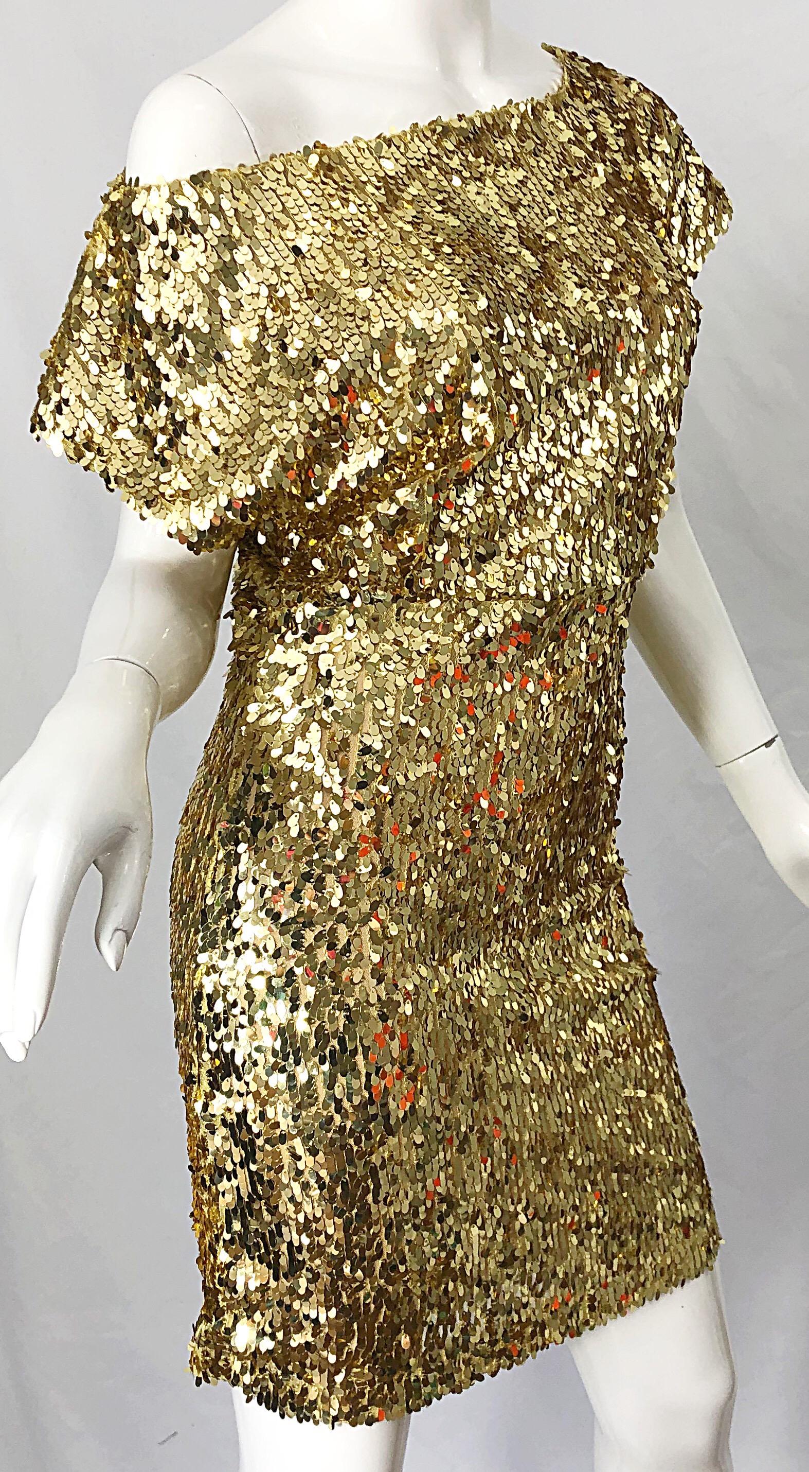 1990s Italian Gold Sequined Off the Shoulder Sexy Vintage 90s Dress For Sale 2