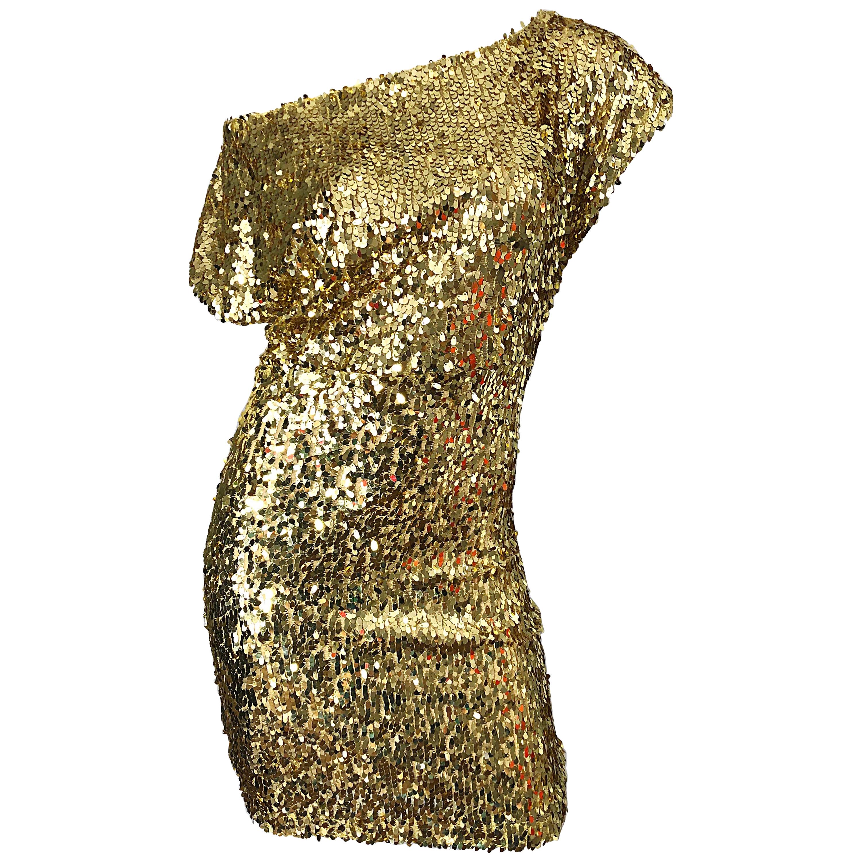 Vestido italiano de lentejuelas doradas sin hombros Sexy Vintage años 90 en venta