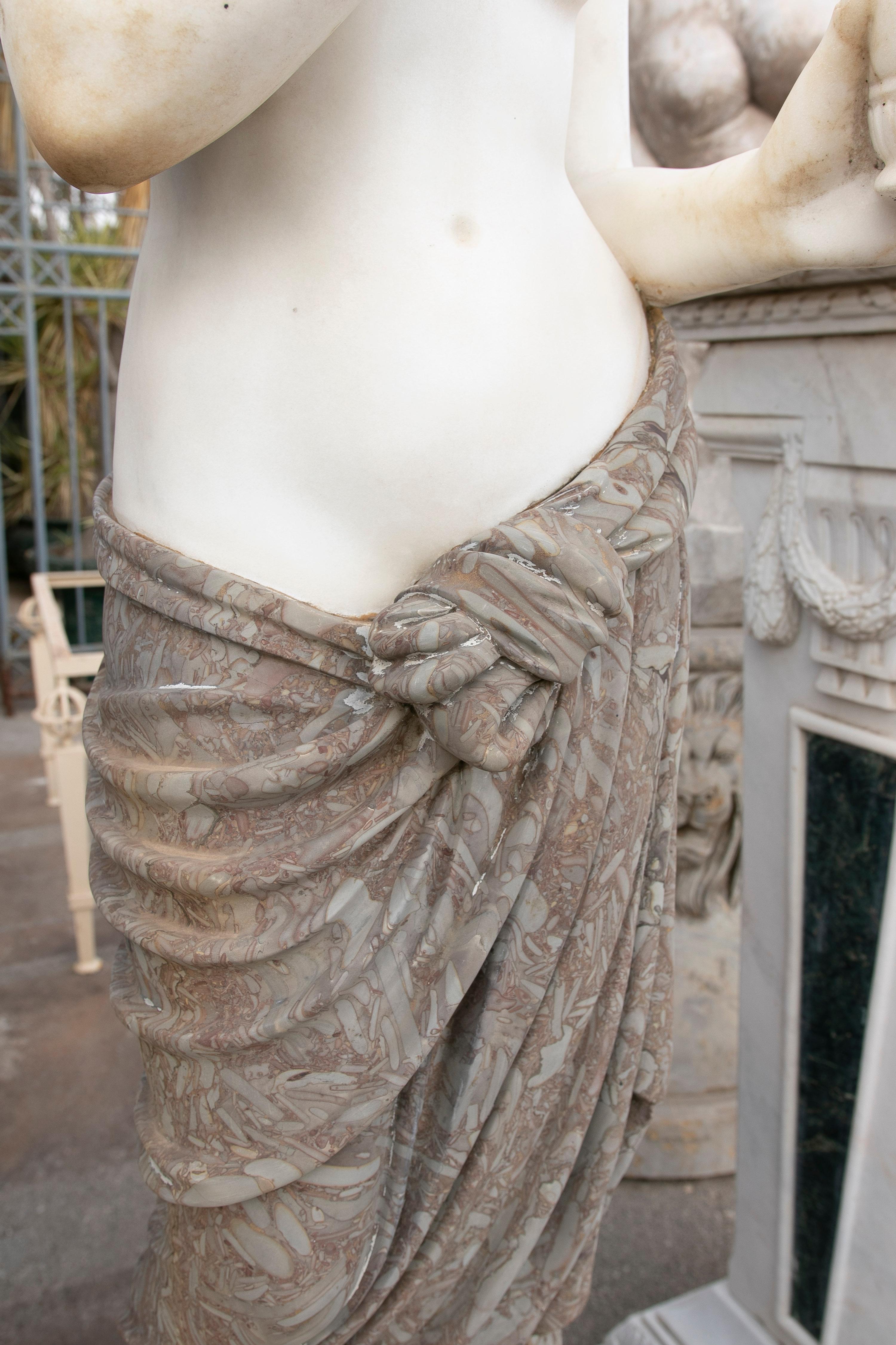 1990s Italian Hand Carved Carrara White & Brown Marble Greek Woman Sculpture 2