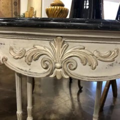 1990s Italian Hand-Carved Demilune Console Table with Black Marble Top, Silver