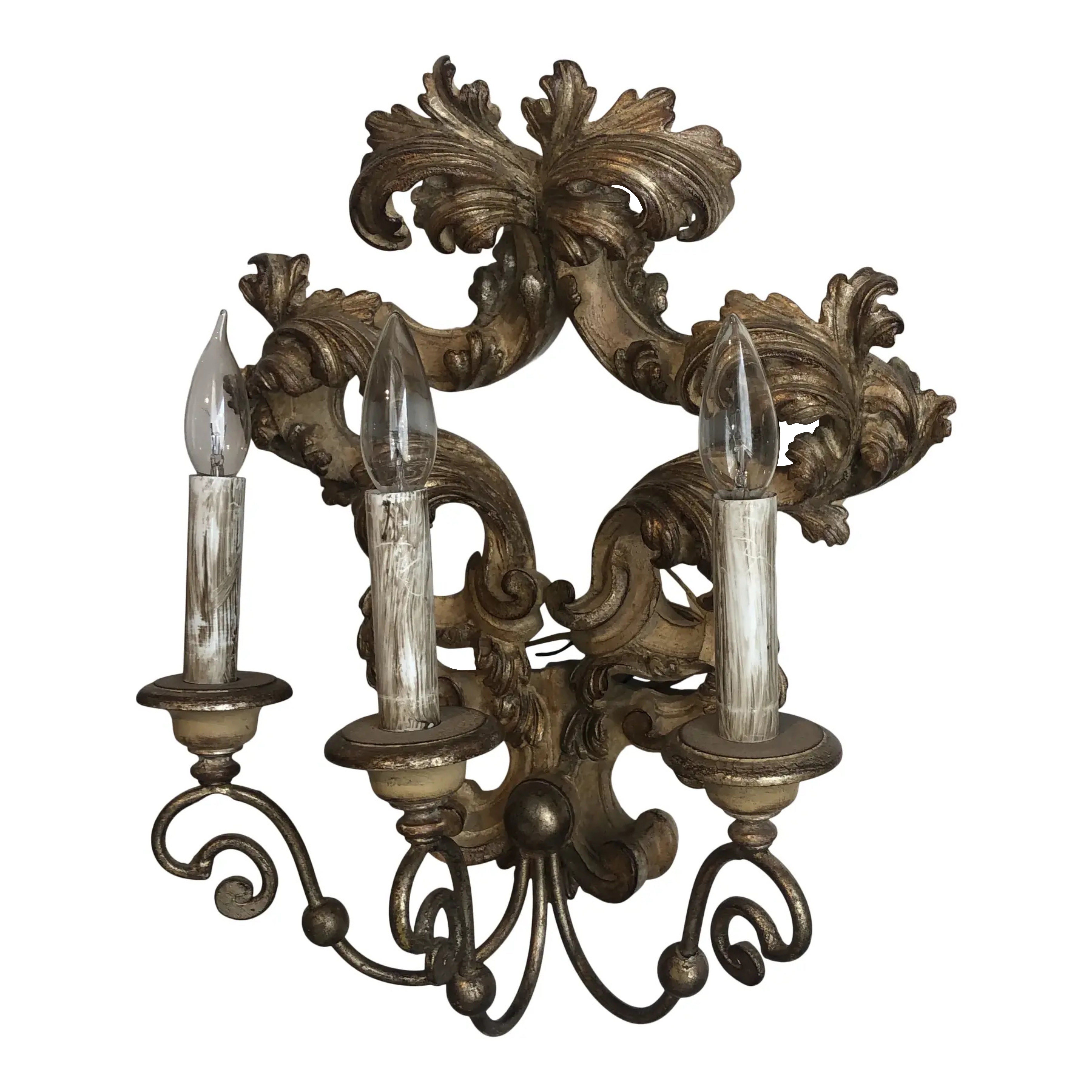 1990s Italian 3-Light Wood Sconce – Gold Design