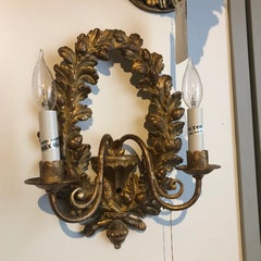 1990s Italian Hand-Carved Wood Two-Light Wall Sconce with Oak Leaf Wreath, Gold