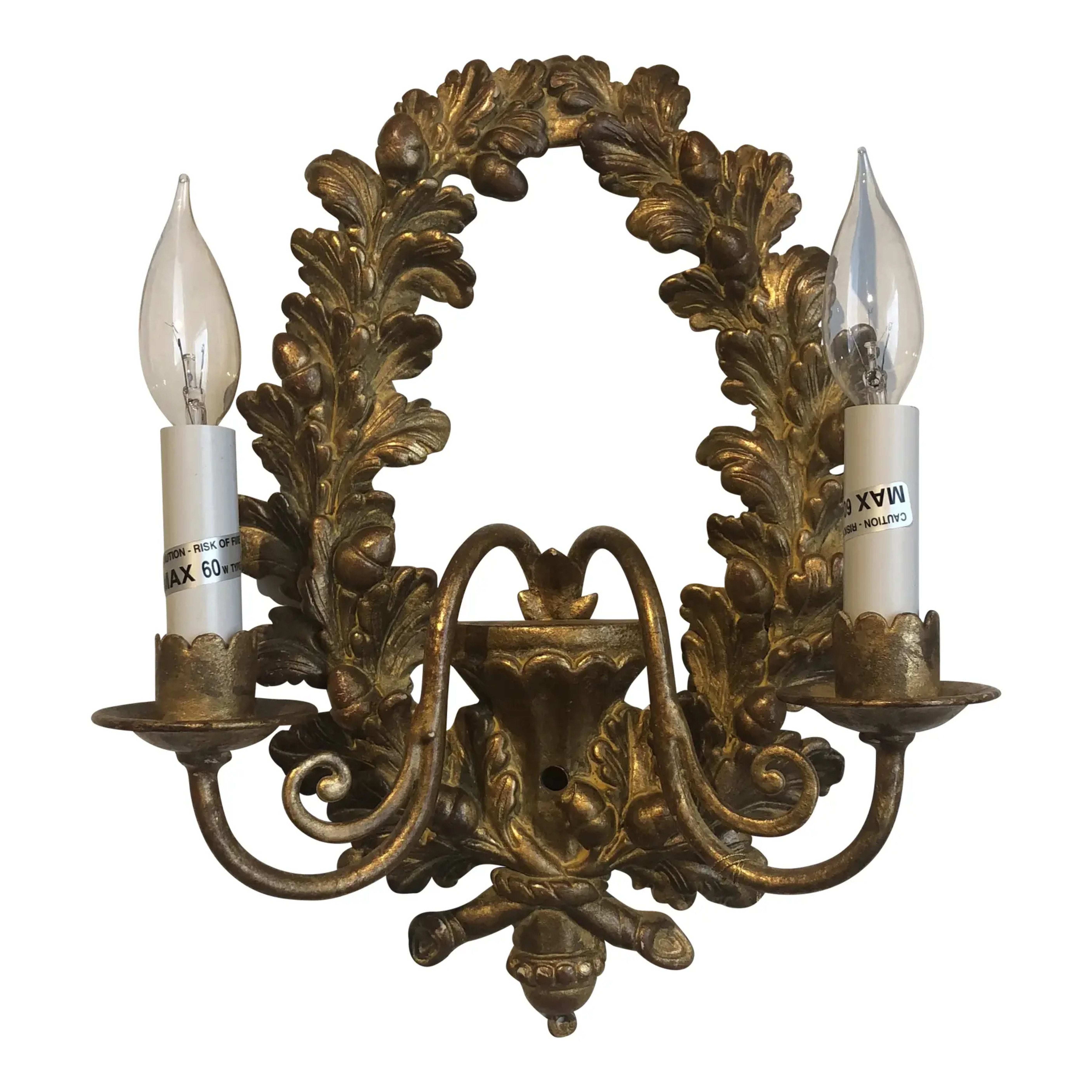 990s Italian 2-Light Wood Wall Sconce, Oak Leaf & Gold For Sale