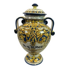 1990s Italian Hand-Painted Blue Ceramic Urn with Scrolled Handles, Art Pottery