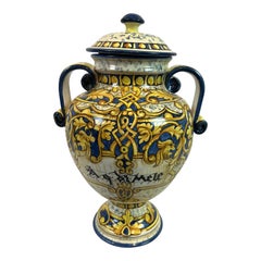 1990s Italian Hand-Painted Blue Ceramic Urn with Scrolled Handles, Art Pottery