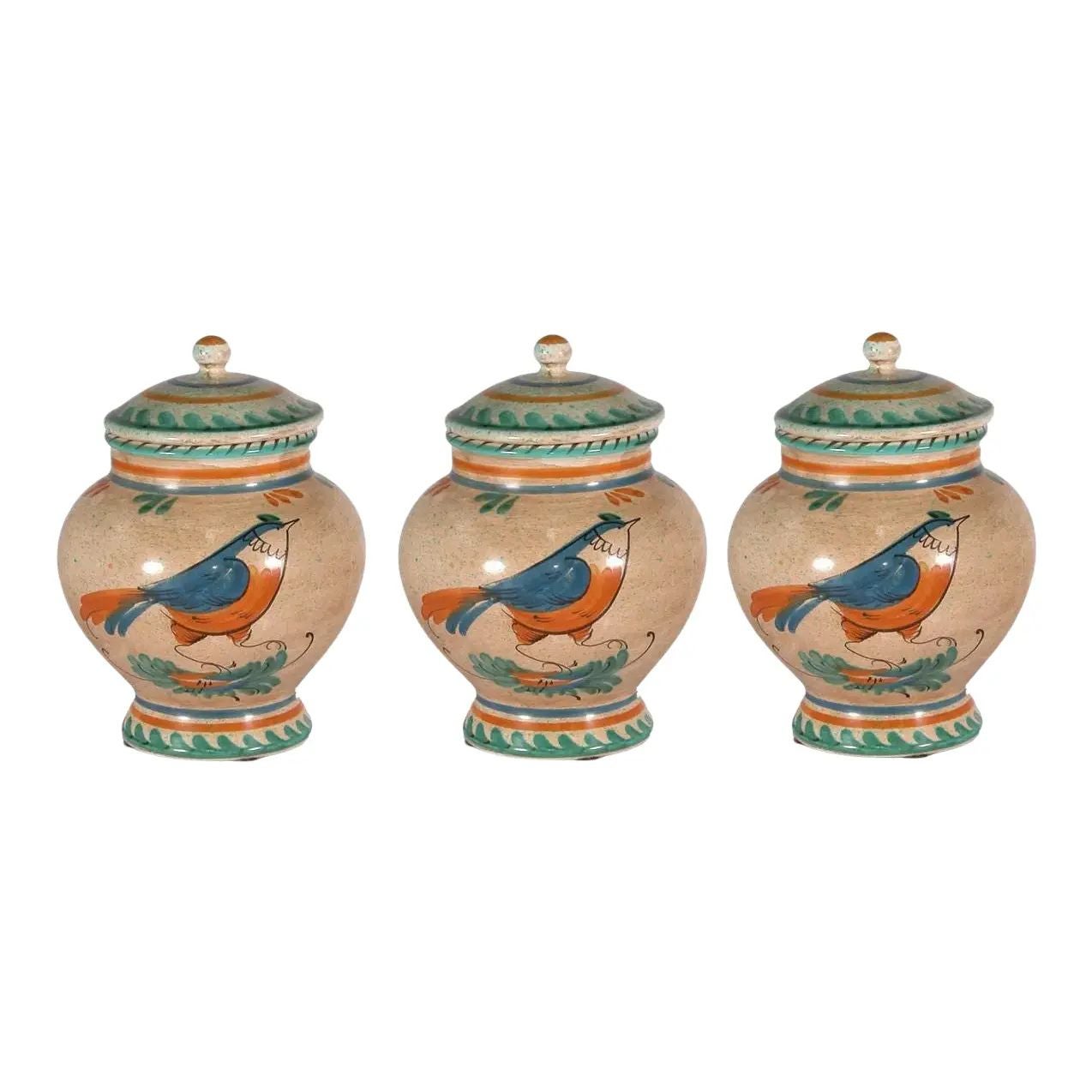 1990s Italian Hand-Painted Ceramic Canister Set, Kitchen Storage