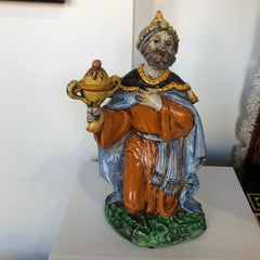 1990s Italian Hand-Painted Ceramic Kneeling Male Figure in Blue Orange, Decorate