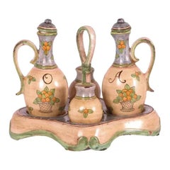 1990s Italian Hand-Painted Ceramic Oil, Vinegar Set with Salt & Pepper Cestino