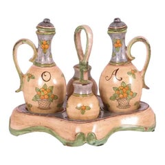 1990s Italian Hand-Painted Ceramic Oil, Vinegar Set with Salt & Pepper Cestino