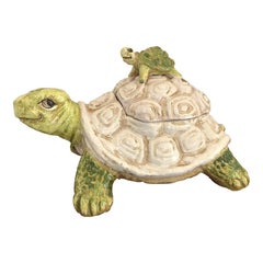 1990 Bocal à biscuits en céramique peint à la main en forme de tortue, art côtier sous la mer