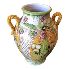 1990s Italian Hand-Painted Ceramic Urn in Yellow and Green, Decorative Art