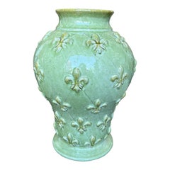 1990s Italian Hand-Painted Green Ceramic Vase, Mediterranean Decorative Art