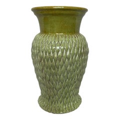 1990s Italian Hand-Painted Green & Honey Ceramic Tall Vase, Decorative Art