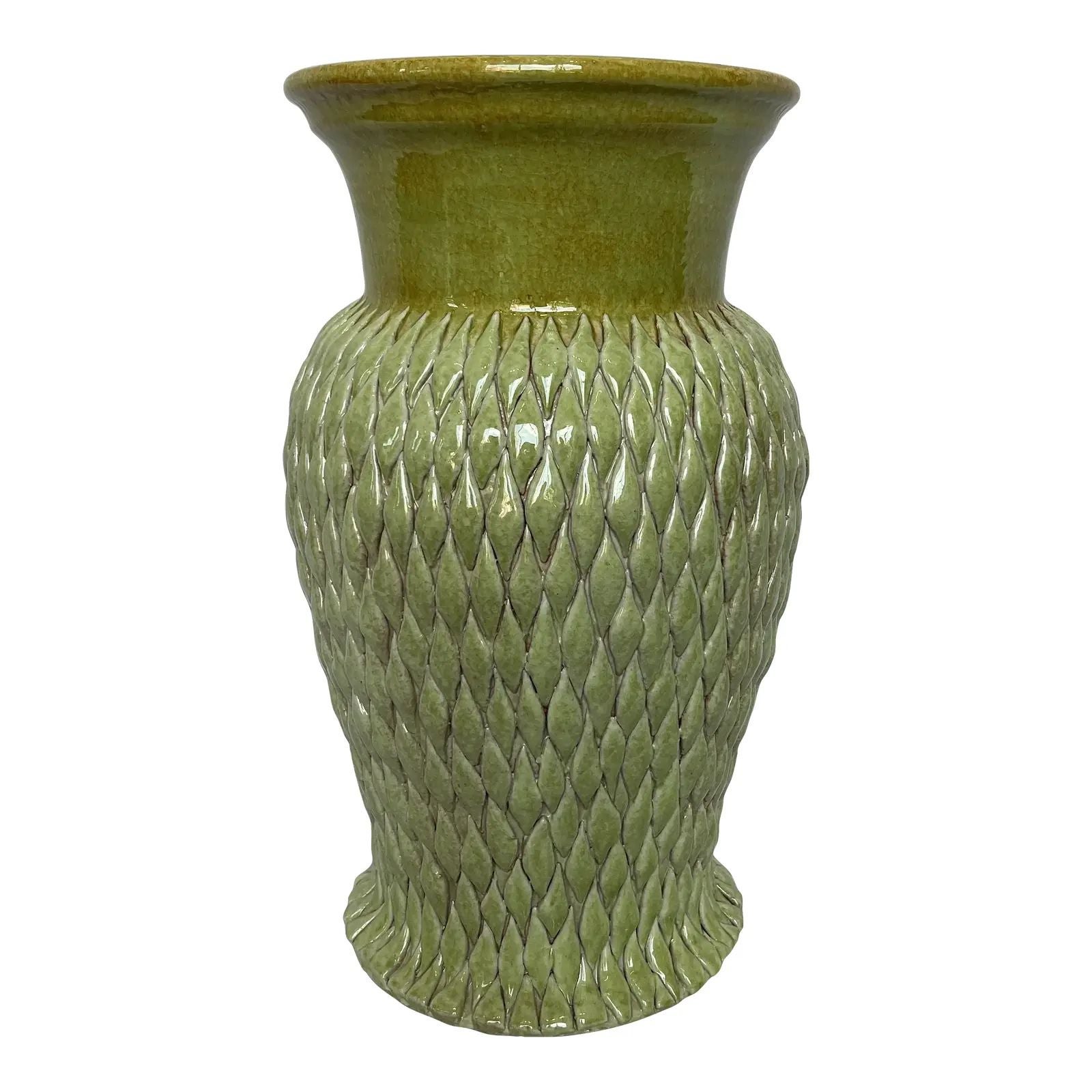 1990s Italian Hand-Painted Green & Honey Ceramic Tall Vase, Decorative Art