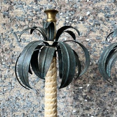 1990s Italian Hand-Painted Metal Palm Tree Candle Sticks, Pair